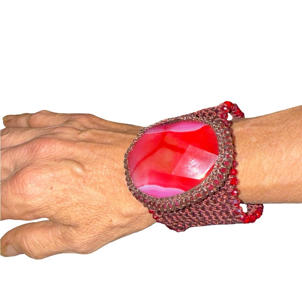 OOAK Handmade Elly Crochet Cuff Bracelet – Red Agate Statement Piece